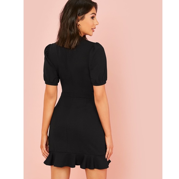 Puff Sleeve Ruffle Detail Black Mini Dress - Picture 3 of 9
